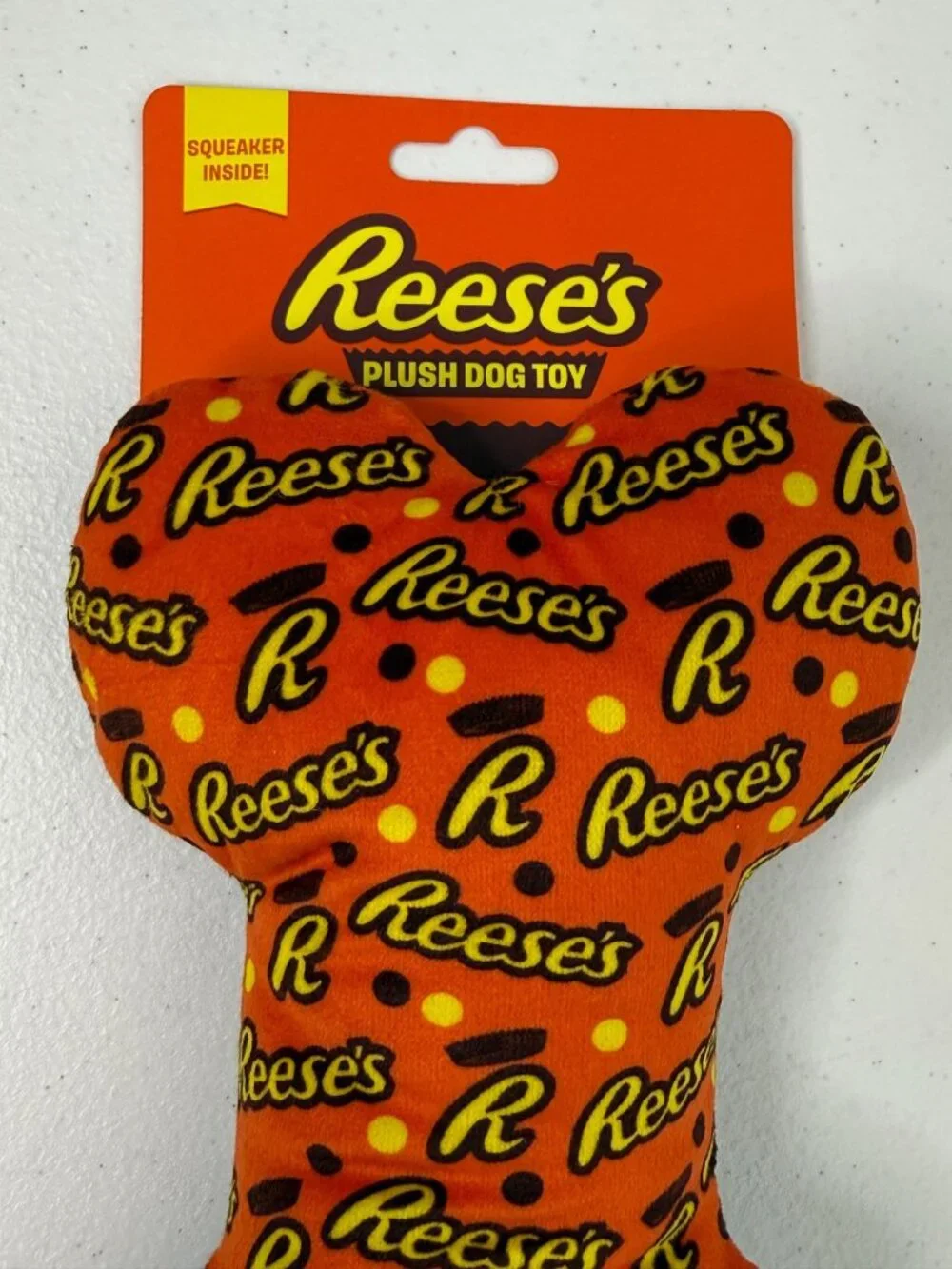 Reese's Plush Bone Dog Toy Squeaker Candy Print New
